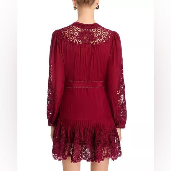 FARM Rio: Burgundy Long Sleeve Lace Detail Mini Dress - Picture 4 of 11